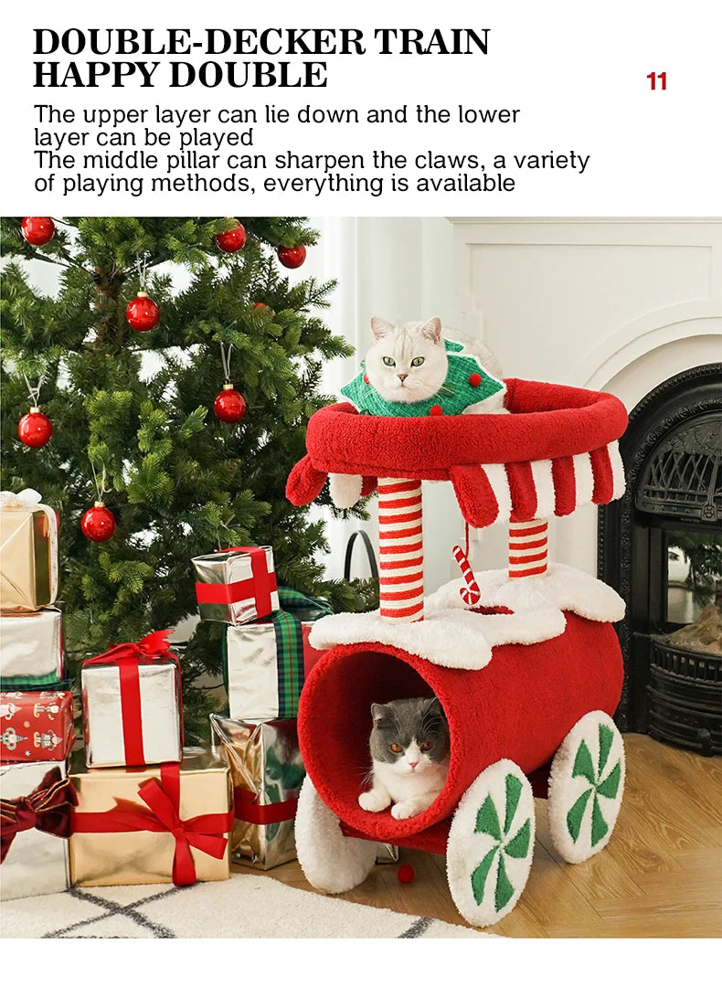 Christmas-themed cat climbing frame with cozy sleeping nest and sisal scratching posts.