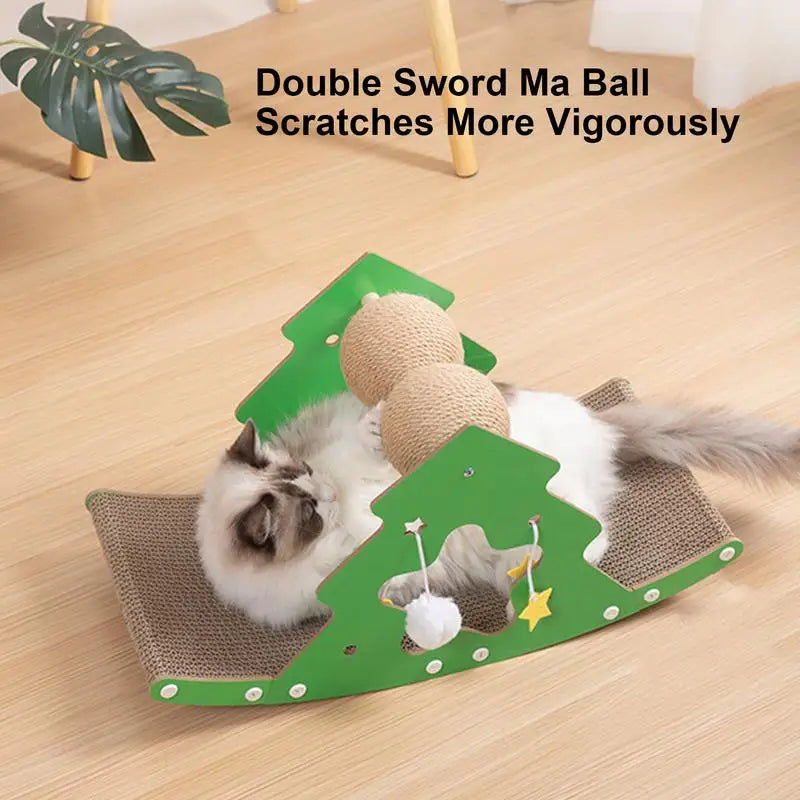 Christmas tree cat scratching board with sisal balls and sleeping mat.