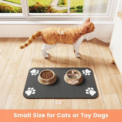Pet feeding mat with waterproof rubber base and absorbent surface for cats and dogs
