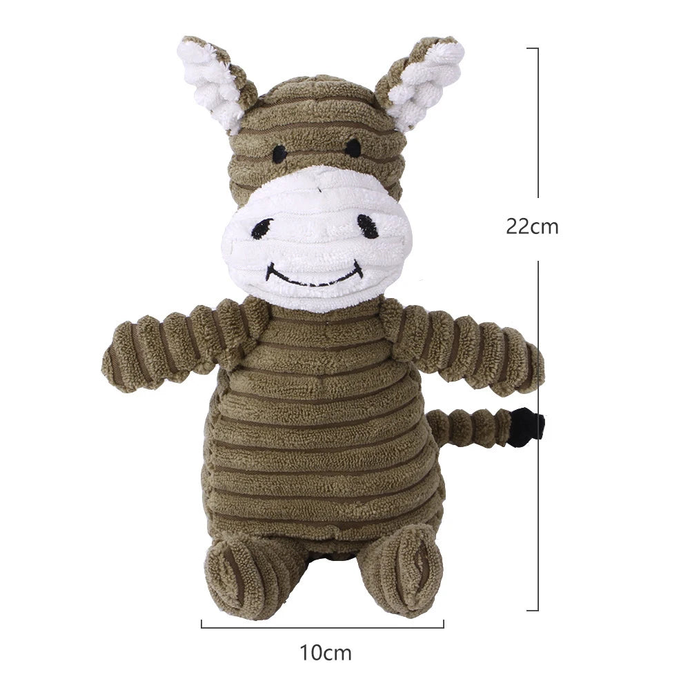 Plush dog toy in various animal shapes with squeaker, made from durable corduroy fabric, perfect for small and large dogs.