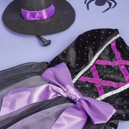 Small dog wearing a velvet Halloween dress with a matching witch hat, posing adorably for a festive photo.