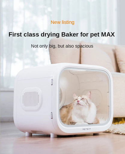 Automatic pet drying box for cats and small dogs with temperature and air settings for stress-free grooming