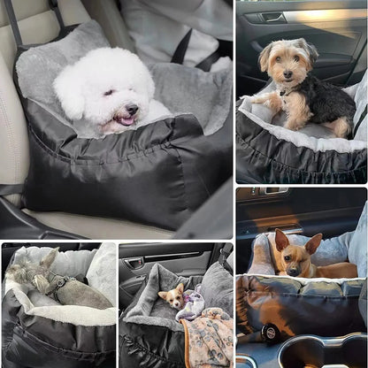 Dog car booster seat for large and medium dogs, featuring secure straps, reinforced oxford fabric, and cozy washable bed for comfortable travel.
