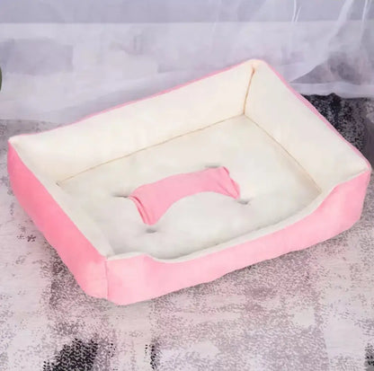 Bone-shaped soft cotton dog bed, washable and breathable with warm padding, designed for year-round comfort and suitable for dogs of all sizes.