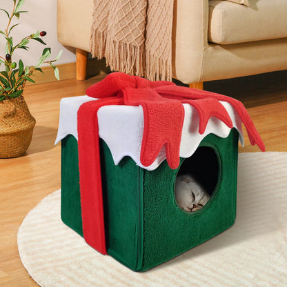 Christmas-themed cat bed shaped like a cozy holiday house for cats and small dogs