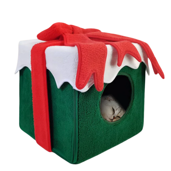 Niche de Noël pour chat – Un havre de paix hivernal semi-fermé et festif pour chats