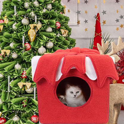 Christmas-themed cat bed shaped like a cozy holiday house for cats and small dogs