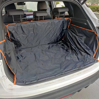 Dog sitting on waterproof SUV cargo liner with side flaps