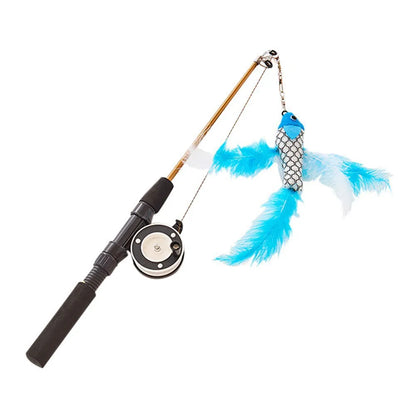 Telescopic cat teaser wand with fish-shaped feather toy