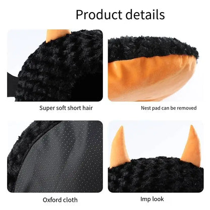 Halloween-themed imp cat house with cozy plush design for cats and small dogs.