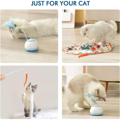 USB rechargeable electric cat toy with 360° rotation, feather attachments, and four interactive speed modes.