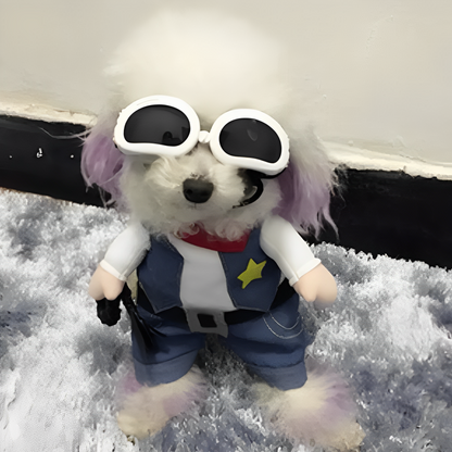 Pet dressed in a denim cowboy jacket and cowboy hat for Halloween or costume parties