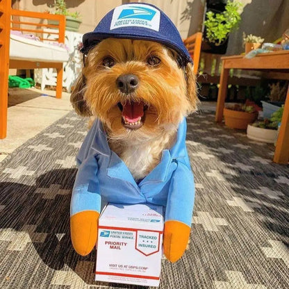 Dog dressed in a UPS courier costume with branded uniform for Halloween or party fun