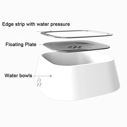Anti-spill dog drinking water bowl with floating plate design for clean, splash-free pet hydration indoors and during travel.