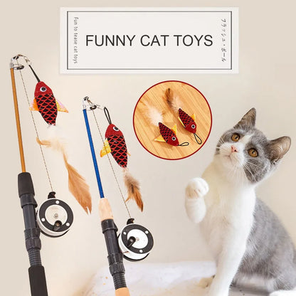 Telescopic cat teaser wand with fish-shaped feather toy