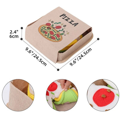 Dog snuffle toy shaped like pizza box for nose work and slow feeding