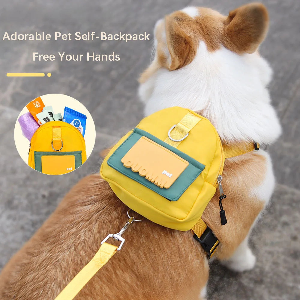 Dog backpack with leash for outdoor travel and training, featuring a large capacity and comfortable fit.