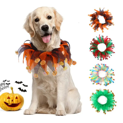 Dog and cat wearing colorful Christmas and Halloween-themed pet collars.