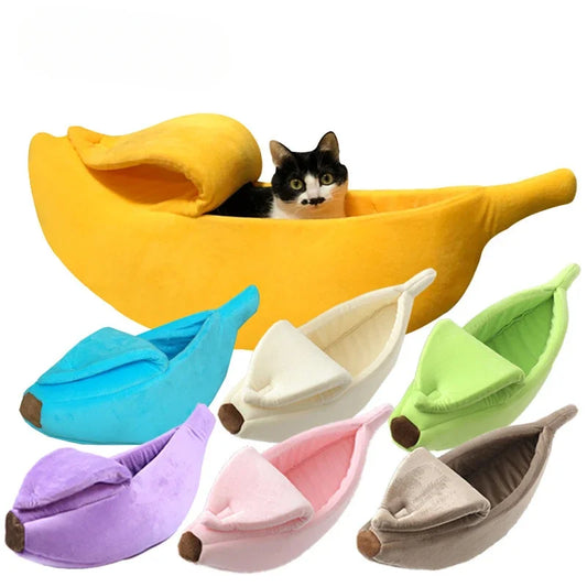 Large banana-shaped cat bed for warmth and comfort, ideal for cats and small dogs.