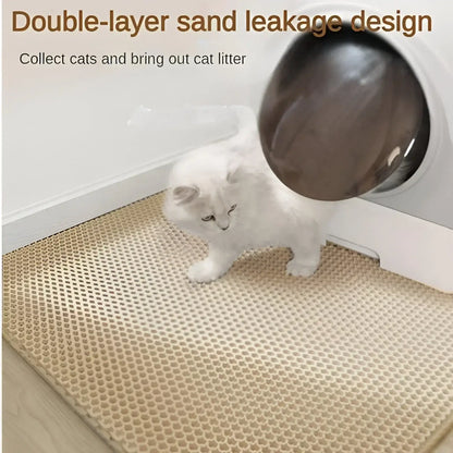 Double-layer waterproof cat litter mat with non-slip EVA design, traps litter and protects floors from dirt and moisture.