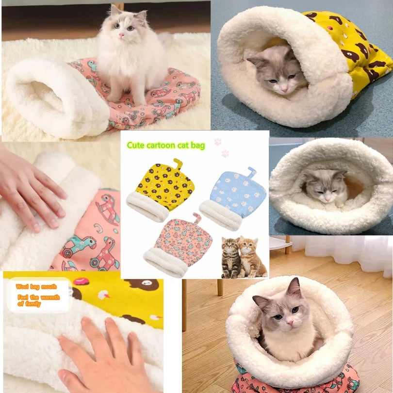 Plush cat sleeping bag with thickened design, providing warmth and comfort for kittens and puppies in winter.