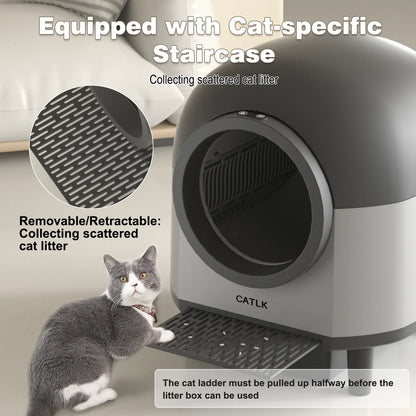 App-controlled automatic cat litter box with enclosed, low-noise design