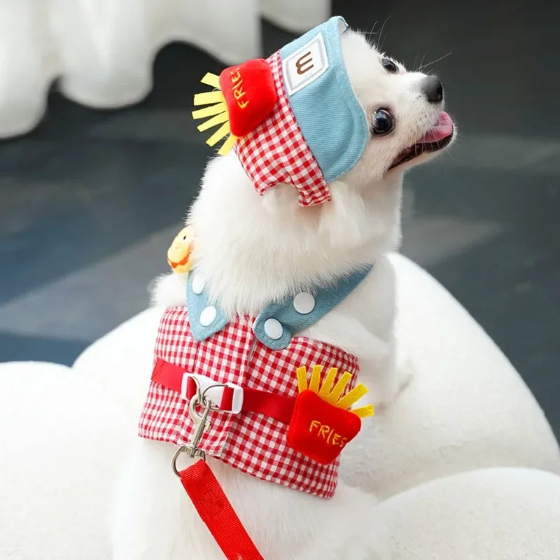Fries-themed puppy harness set with matching hat and leash, ideal for small dogs on walks and outings.