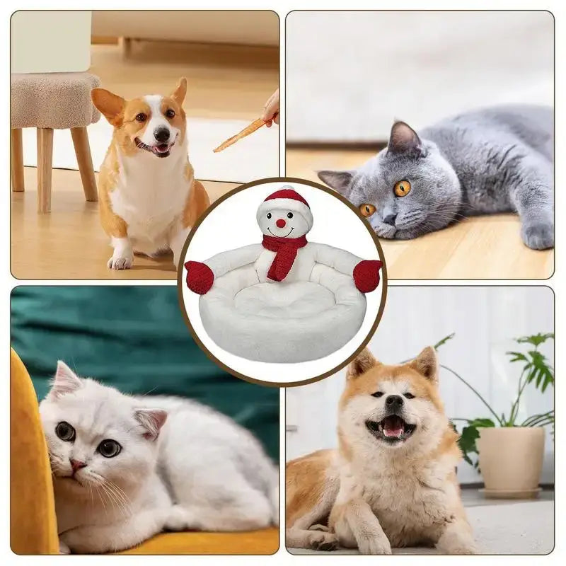 3D Christmas cat bed with snowman design, cozy flannel bed for cats and small dogs, holiday pet bed with hat & scarf, non-slip base