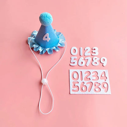 Small dog wearing birthday scarf and hat set for celebration or party