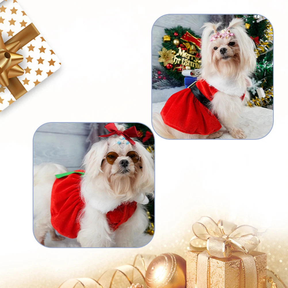 Festive Christmas dress for small dogs and cats, featuring a red skirt and glittering belt for holiday celebrations.