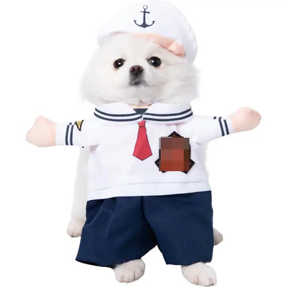 Dog wearing a Halloween costume with foam dagger and stuffed body design.