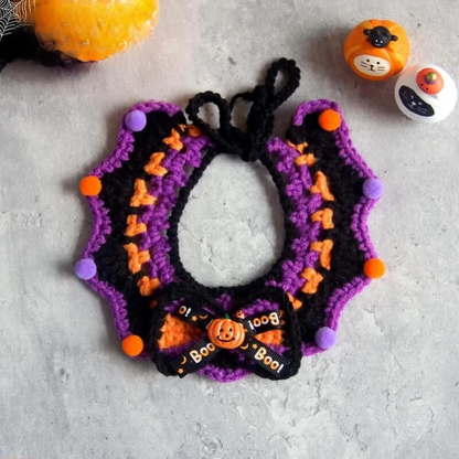 Hand-knit Halloween Pet Collar Bib for cats and dogs, perfect for adding a spooky touch to Halloween costumes.