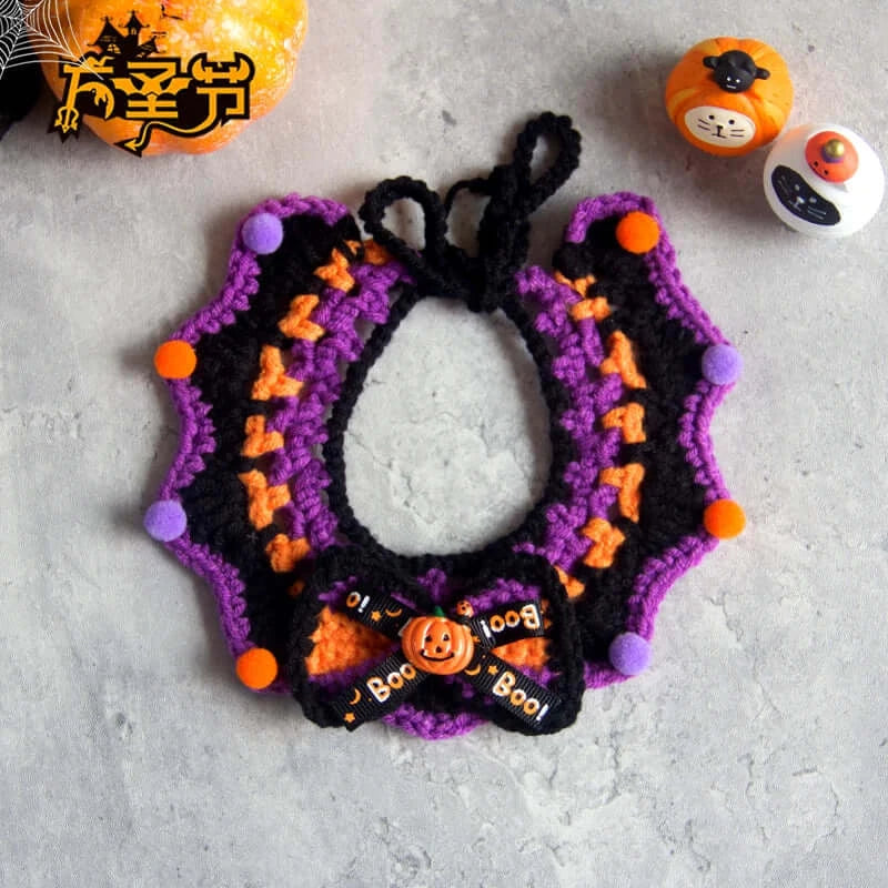 Hand-knit Halloween pet collar bib featuring ghost designs, perfect for dressing up cats and dogs during the spooky season.