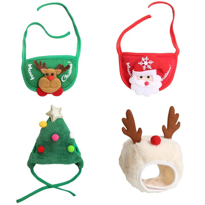 Pet wearing a Santa elk hat and Christmas bandana bib scarf for holiday celebration