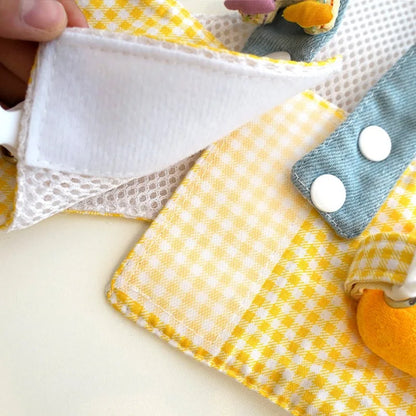 Fries-themed puppy harness set with matching hat and leash, ideal for small dogs on walks and outings.