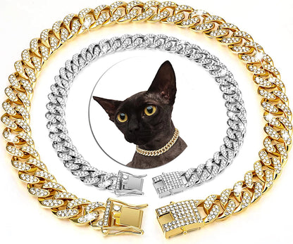 Luxury gold cat necklace with sparkling zirconia diamonds, elegant jewelry collar for cats
