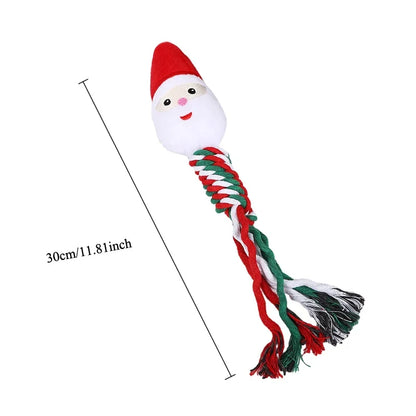 Christmas-themed squeaky dog toy with cotton rope knot for small dogs and puppies