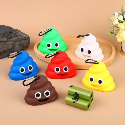 Poop-shaped pet waste bag dispenser clipped to a dog leash