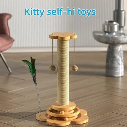 Wooden interactive cat turntable toy with rotating ball track and built-in sisal scratching board.