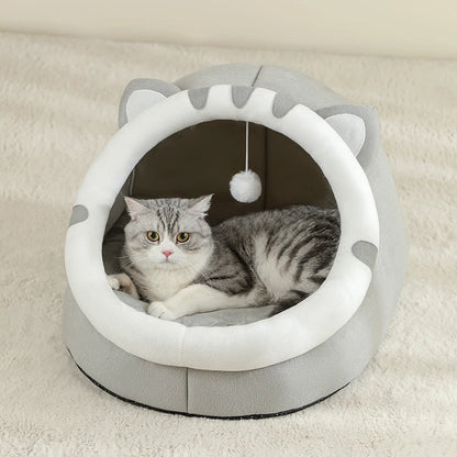 Semi-enclosed plush cat bed cave with soft cushion for cozy sleeping