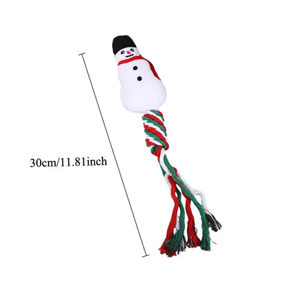 Christmas-themed squeaky dog toy with cotton rope knot for small dogs and puppies