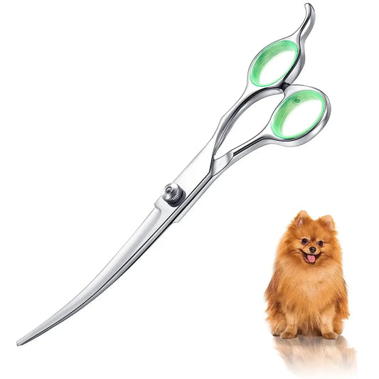 Stainless steel pet grooming scissors with ergonomic handle and rounded safety tips for safe dog and cat trimming