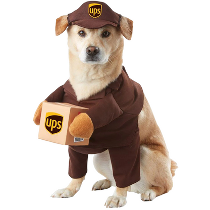 Dog dressed in a UPS courier costume with branded uniform for Halloween or party fun