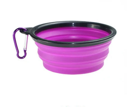 Collapsible silicone dog bowl for travel, camping, and hiking, lightweight and portable for outdoor pet feeding.