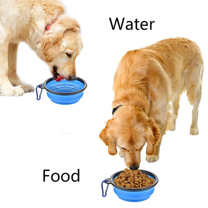 Collapsible silicone dog bowl for travel, camping, and hiking, lightweight and portable for outdoor pet feeding.