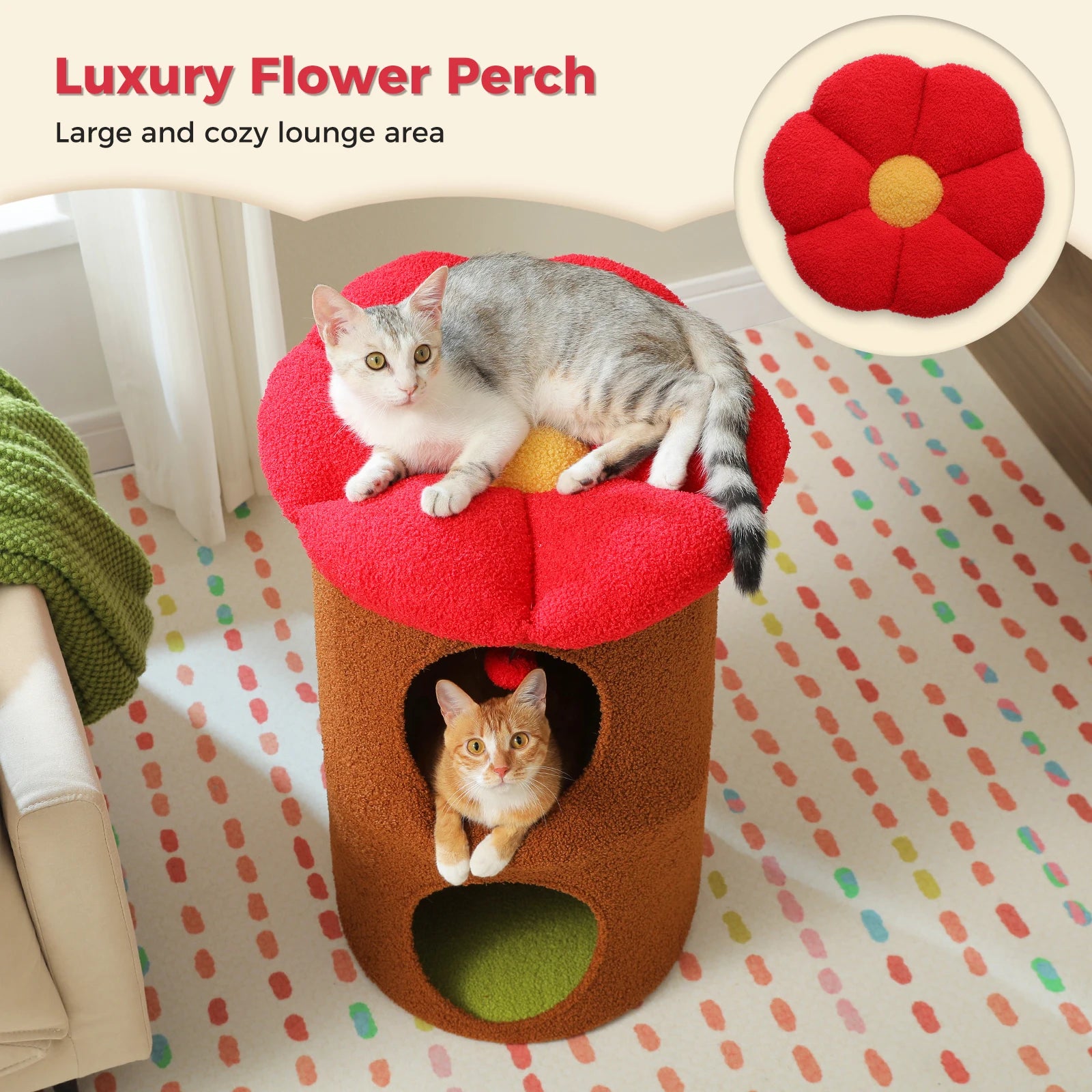 Double-deck cat house with cozy condos, luxury flower perch, and pompom ball for indoor cats.