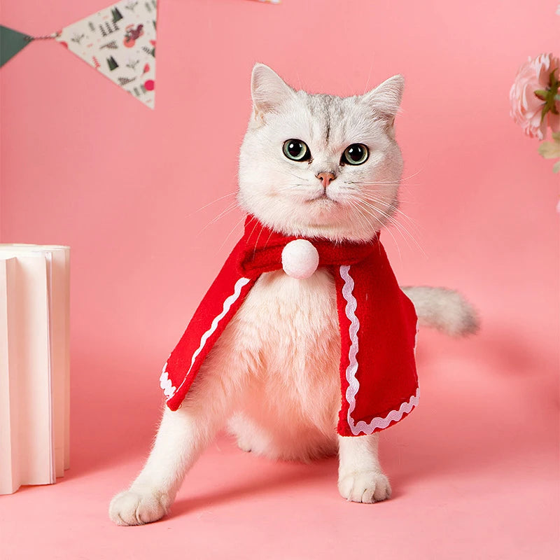 Cat Christmas costume set with reindeer antlers, Santa hat, red scarf, and pet cloak for holiday celebrations.