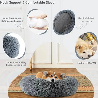 Ultra-soft round plush pet bed for cats and dogs, winter-ready with long plush fabric and non-slip base, available in sizes from 40cm to 90cm.
