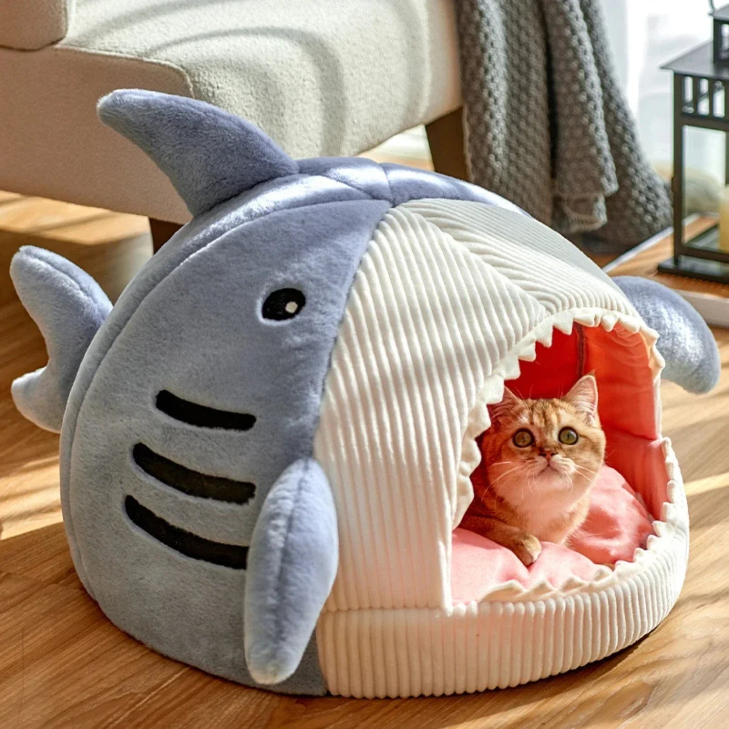 Semi-enclosed warm cat bed with cushion for cats and small dogs, perfect for year-round comfort and portability.