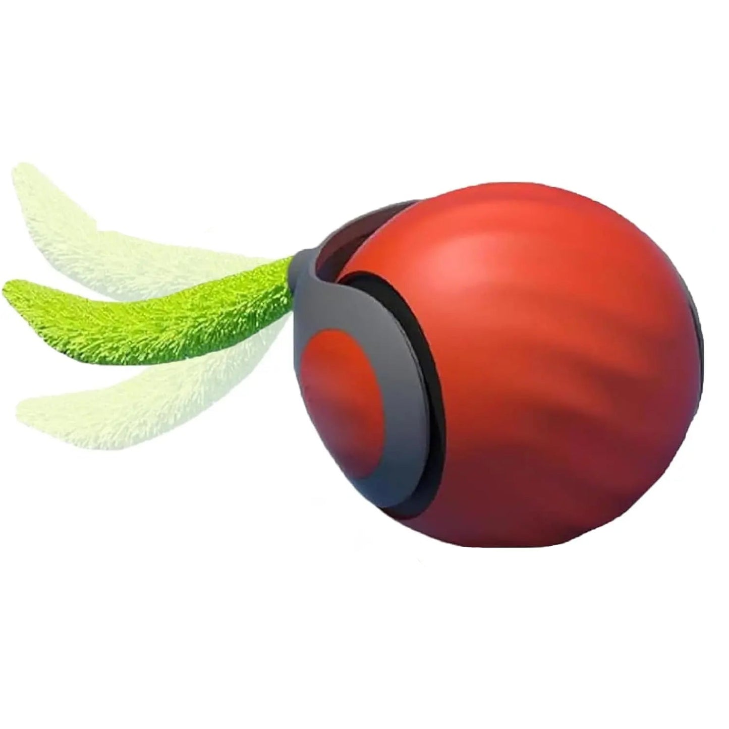 Interactive pet ball with green feather attachments, designed for engaging play with cats and dogs.